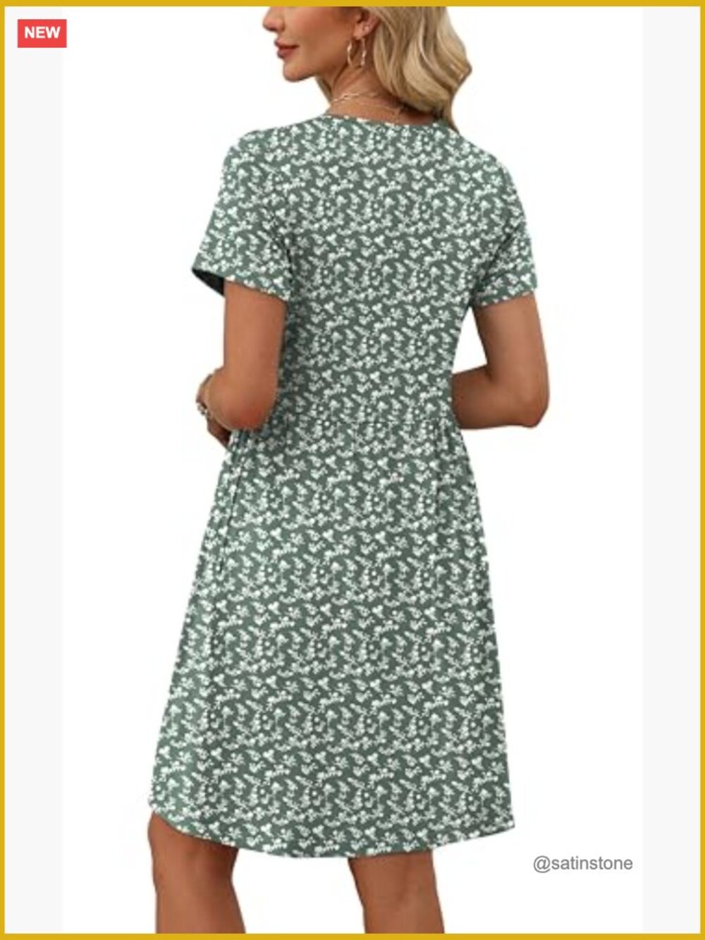 Short Sleeve Crew Neck Casual Maternity Dress with Pockets Empire Waist A-Line - Picture 4 of 7